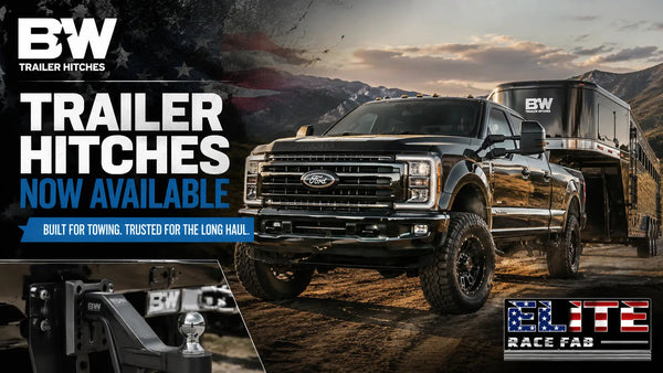 Lifted Ford F-250 towing a trailer for B&W Trailer Hitches now available at Elite Race Fab