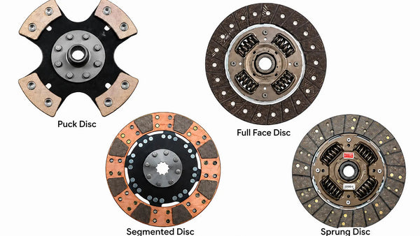 Different clutch disc styles including puck, segmented, full face, and sprung hub clutch discs on a white background