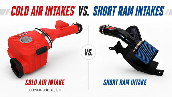 Cold air intake and short ram intake comparison showing filter placement differences
