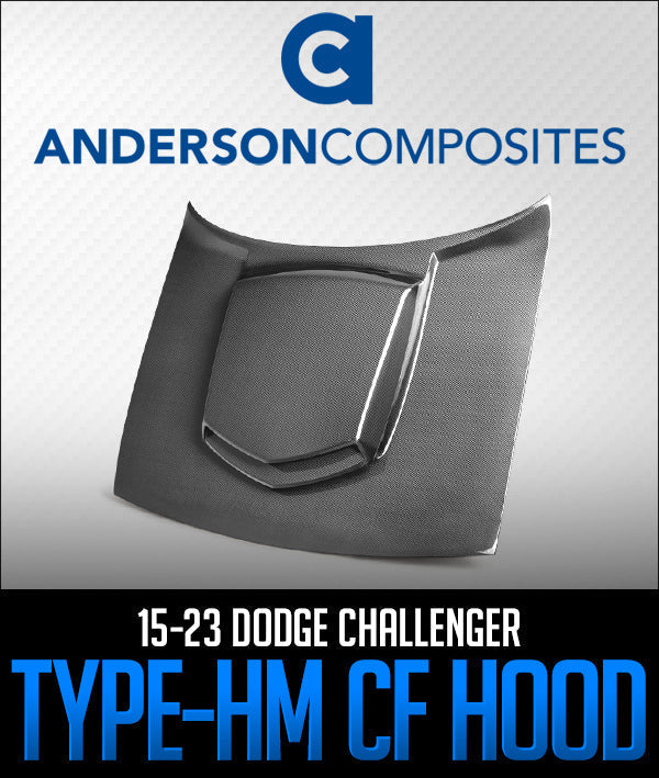 Anderson Composites Type-HM Carbon Fiber Hood for 2015-2023 Dodge Challenger with a high-gloss finish and functional HEMI scoop.