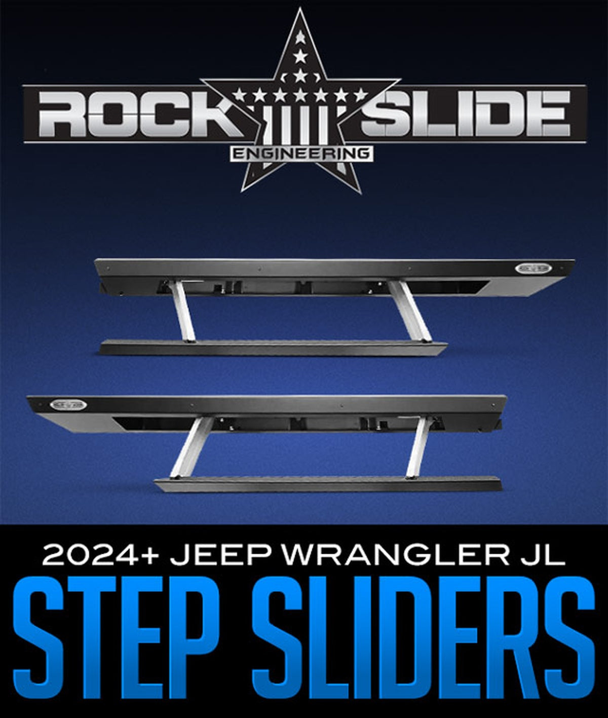 Rock Slide Engineering 3rd Generation Step Sliders installed on a 2024-2025 Jeep Wrangler JL, showcasing durable steel construction and automated step deployment.