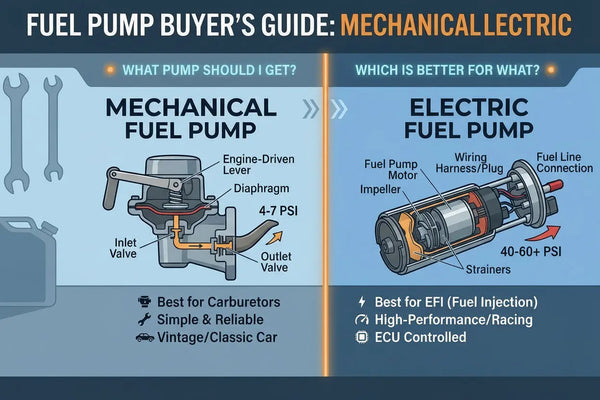 Infographic comparing a mechanical fuel pump for carburetors versus an electric fuel pump for EFI engines, showing PSI ratings and key features.