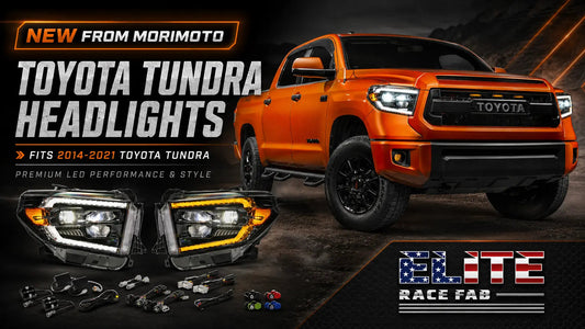 Morimoto Toyota Tundra headlight promo image featuring LF2-532 headlights for 2014-2021 Toyota Tundra with premium aftermarket styling and LED lighting design