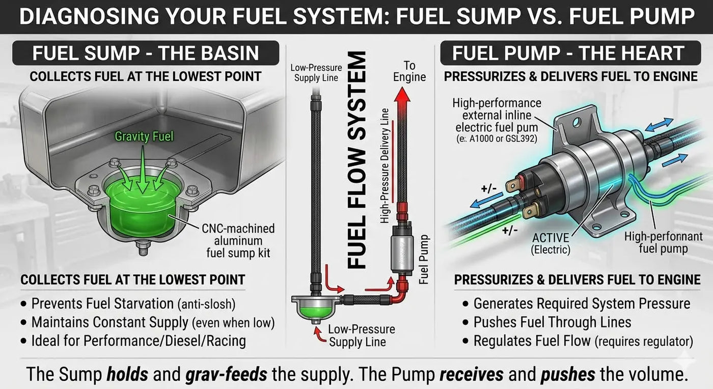 An infographic comparing a gravity-fed fuel tank sump kit to a high-pressure electric inline fuel pump, showing fuel flow from the tank to the engine.