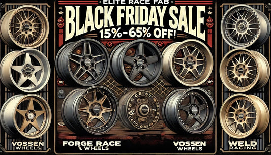 Elite Race Fab Black Friday Sale banner featuring wheels from BBS, Forgestar, Mayhem, Method Race, Vossen, and Weld Racing with 15%-65% off discount details.