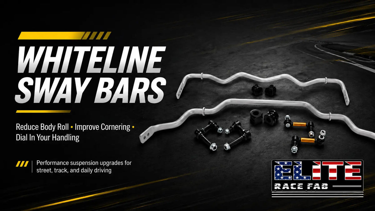 Whiteline sway bar kit promotional image with Elite Race Fab logo highlighting reduced body roll, improved cornering, and adjustable suspension handling upgrades.