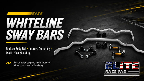 Whiteline sway bar kit promotional image with Elite Race Fab logo highlighting reduced body roll, improved cornering, and adjustable suspension handling upgrades.