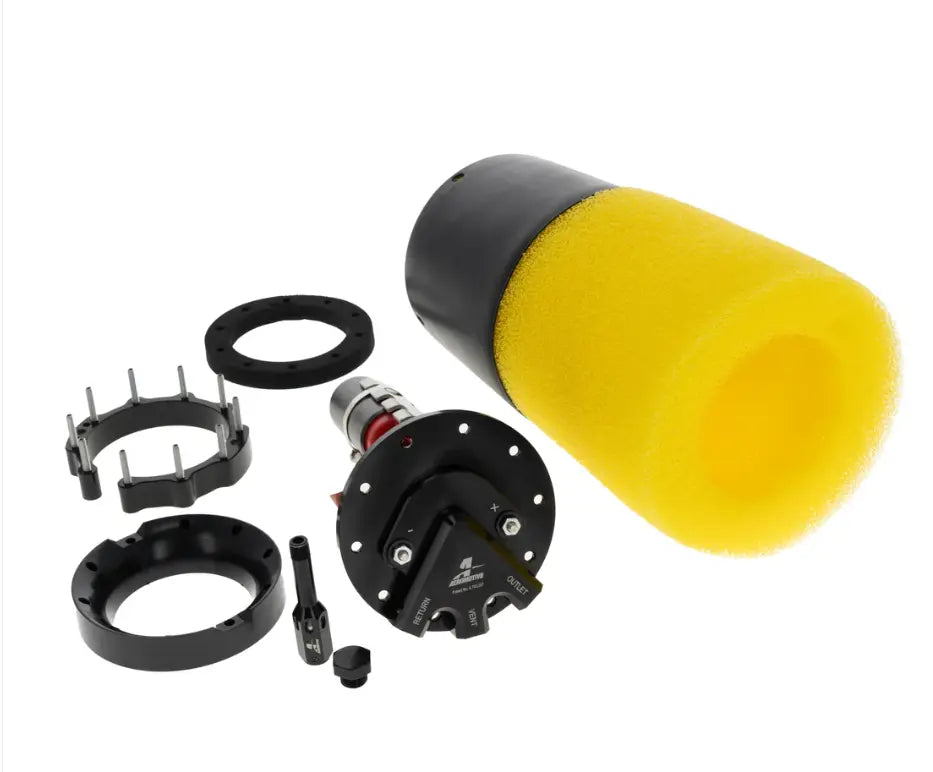 Aeromotive Phantom fuel pump kit with black anodized top hat and yellow baffle foam.
