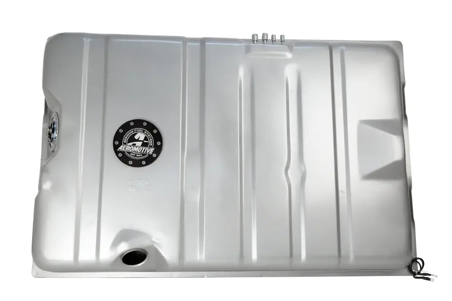 Silver powder-coated Aeromotive Stealth Fuel Tank with internal A1000 fuel pump for classic muscle cars.