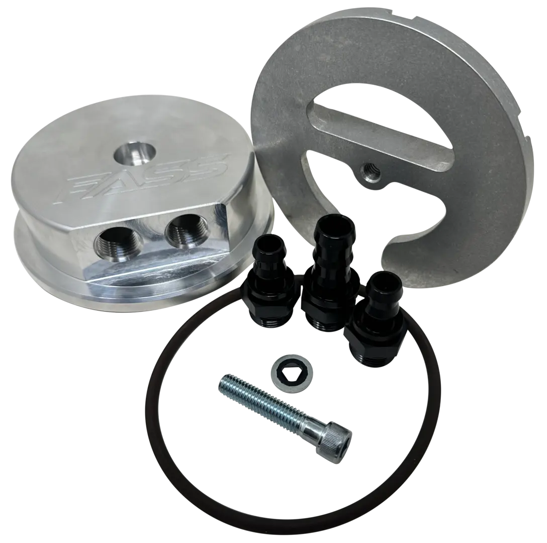 A black anodized billet aluminum fuel tank sump kit with a single-bolt mounting design for performance fuel systems.