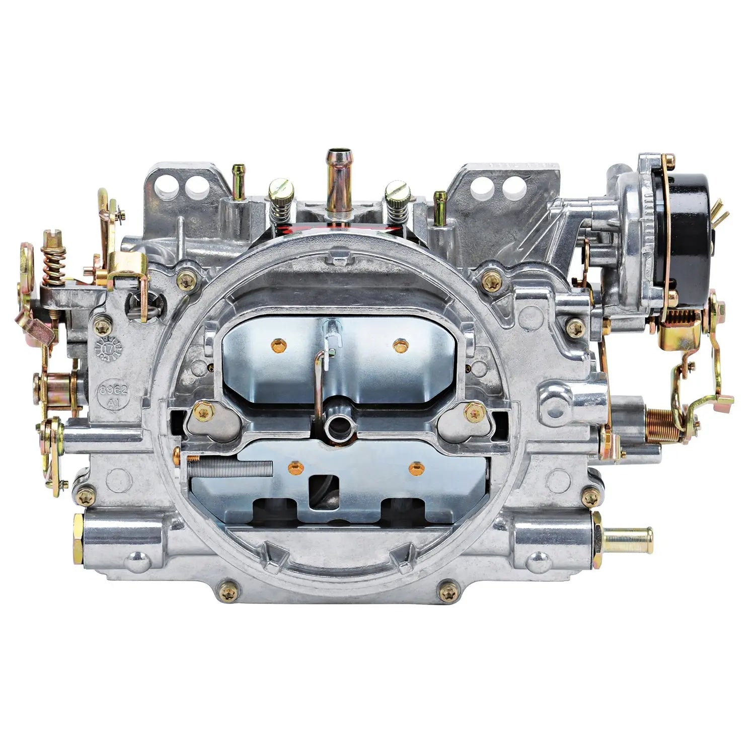Close-up of an Edelbrock AVS2 Series Carburetor showcasing the 8-hole annular boosters and satin finish.