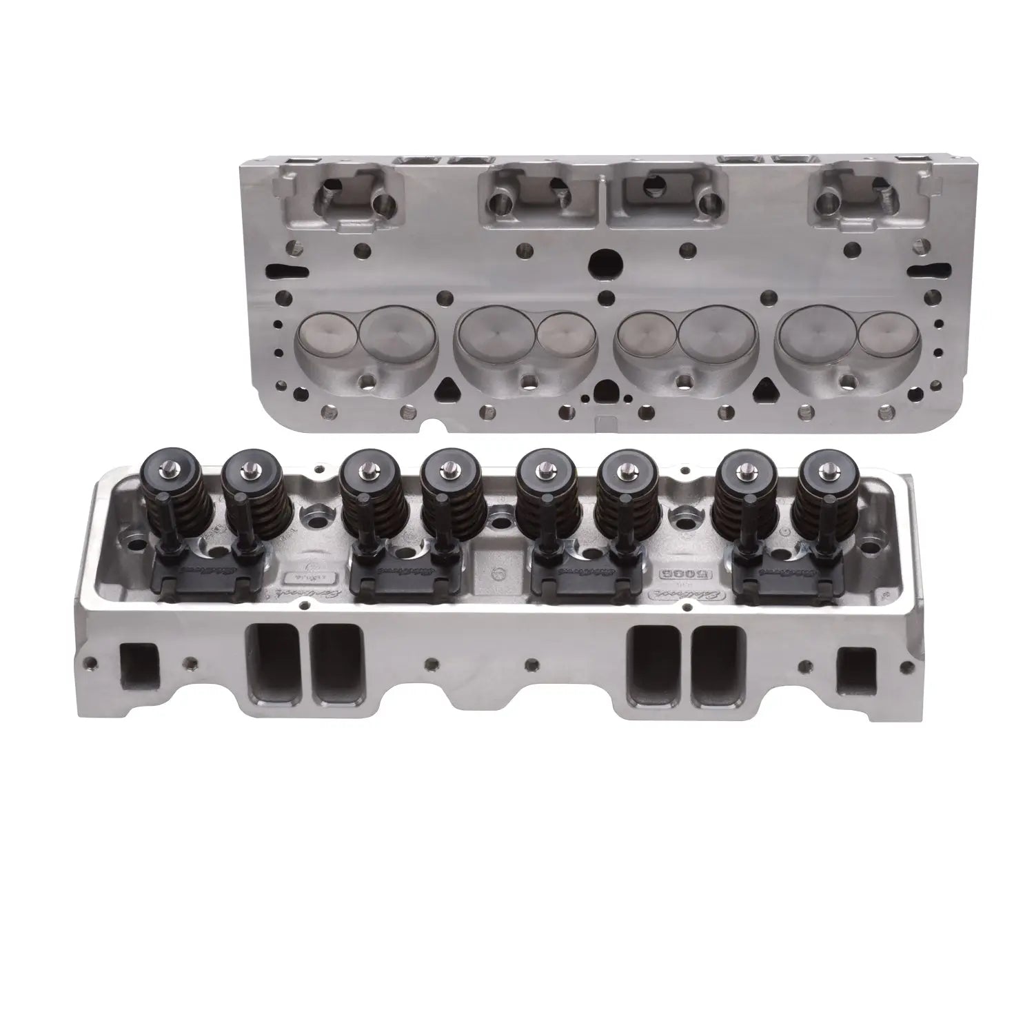 Edelbrock E-210 Aluminum Cylinder Head for Small-Block Chevy showing large intake ports and performance valve springs.