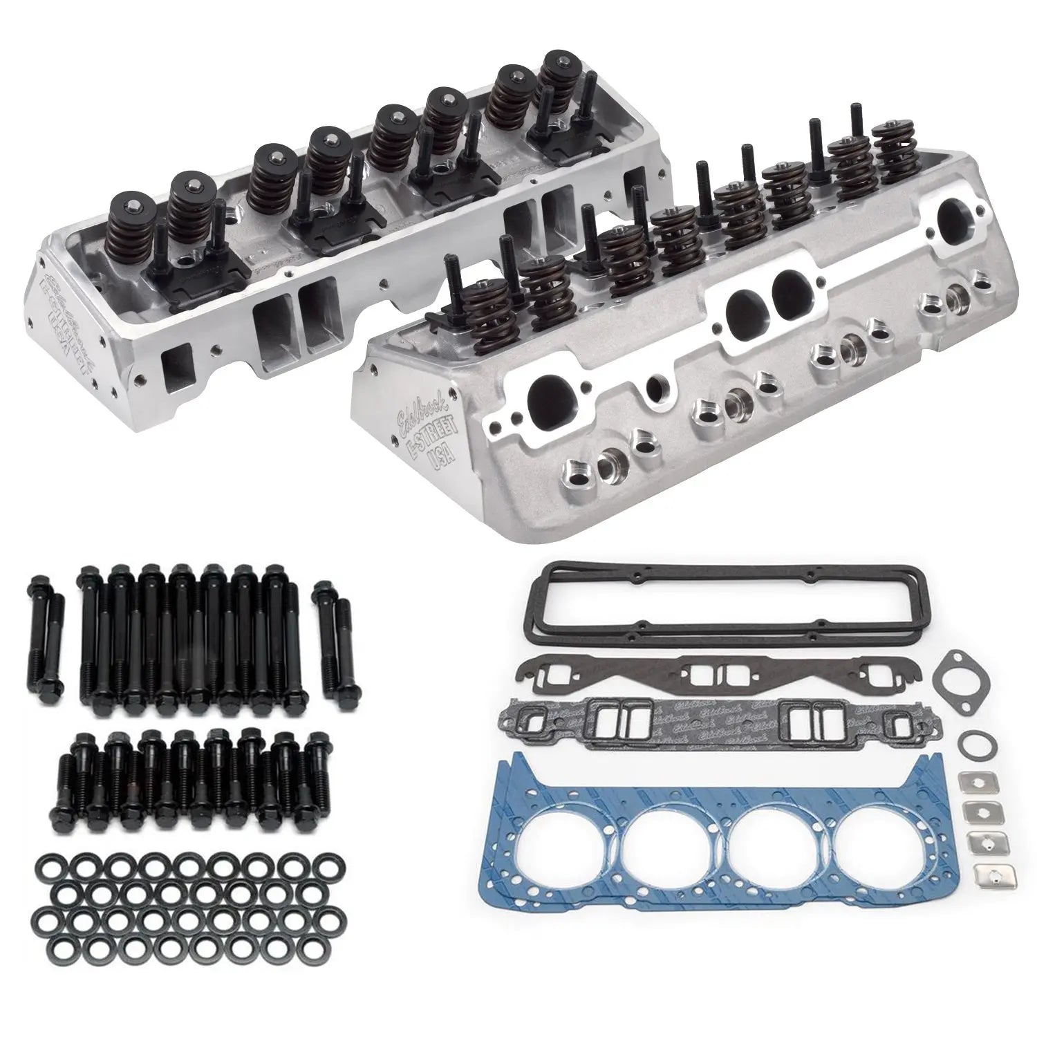 A pair of Edelbrock E-Street Series aluminum cylinder heads featuring large intake valves and high-flow ports.