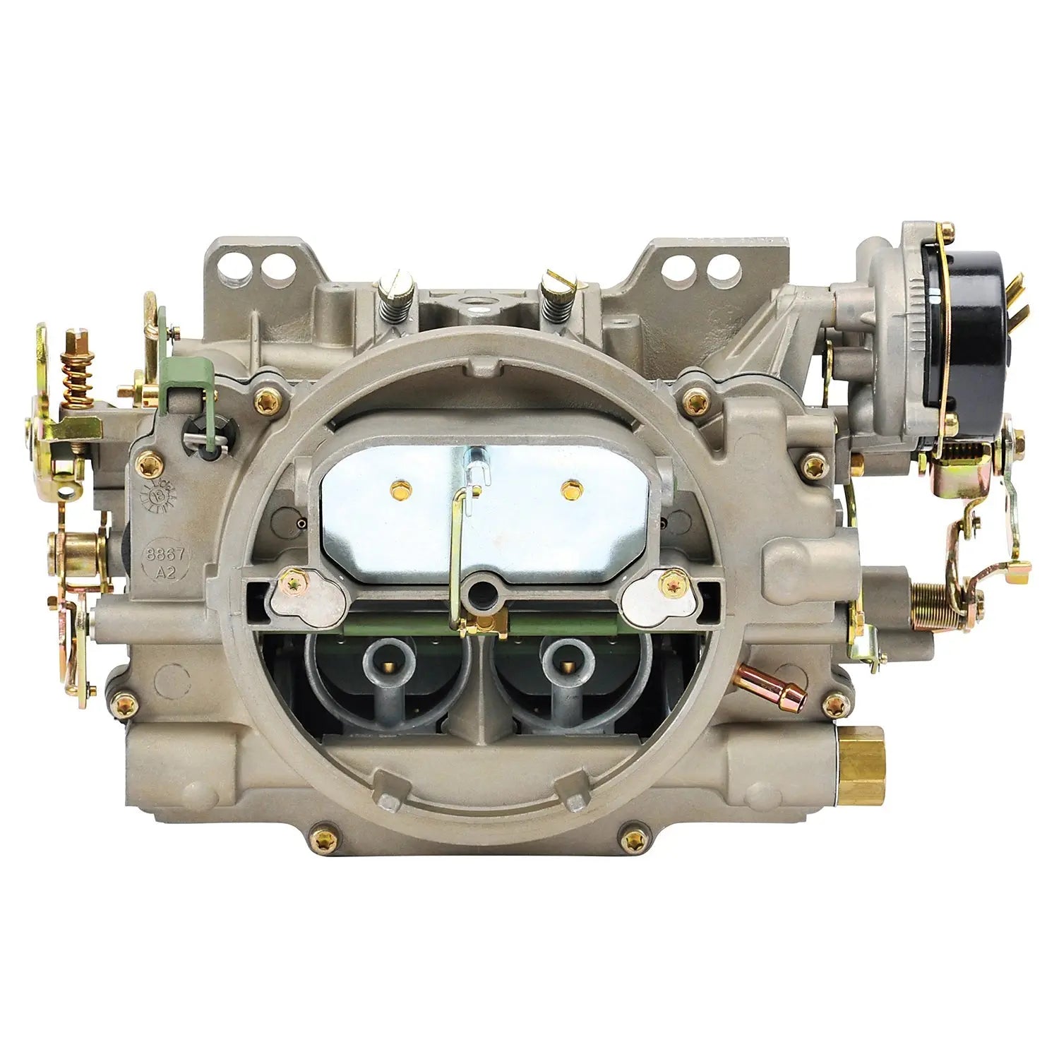 Edelbrock Marine Series 1409 Carburetor with gold-iridited finish and J-tube bowl vents.