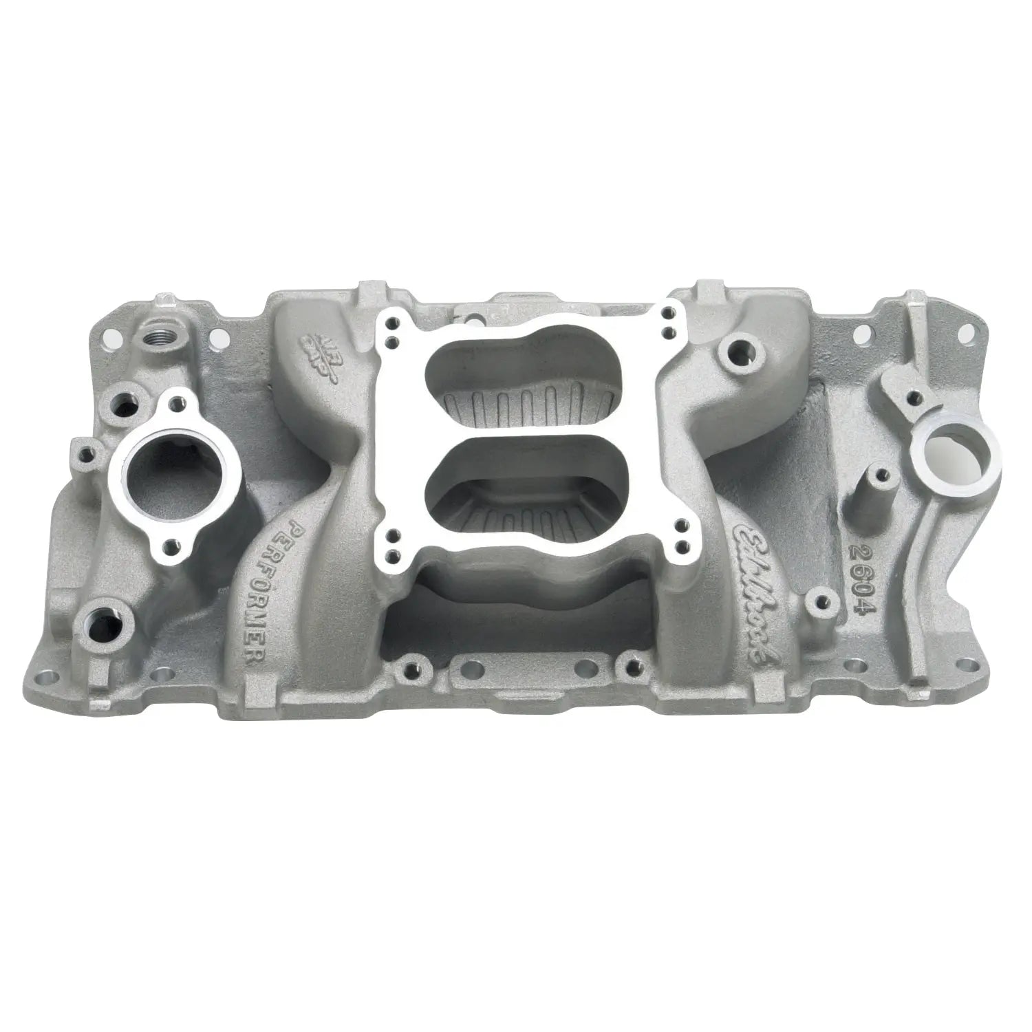 Edelbrock Performer Air-Gap intake manifold showing the open air space between the runners and the base.