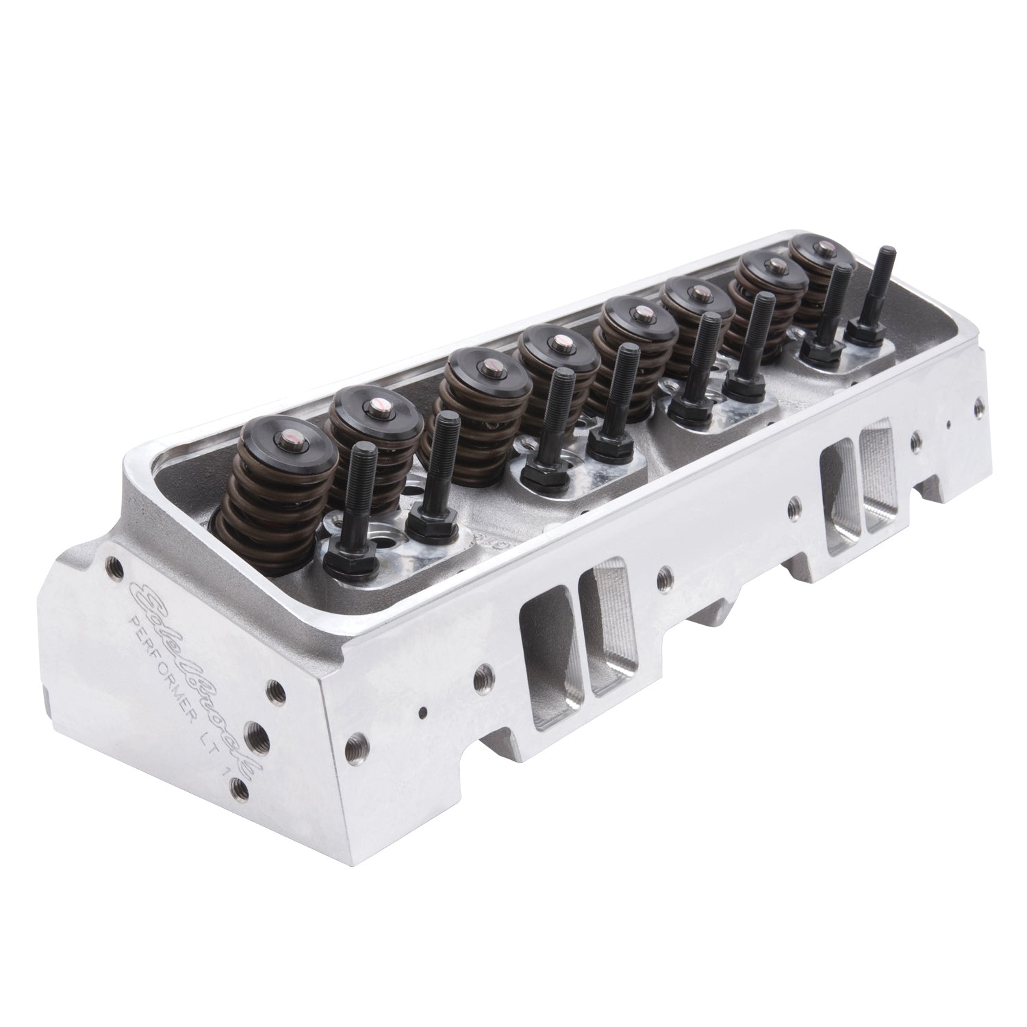 Assembled Edelbrock Performer Series aluminum cylinder head showing the CNC-profiled ports and natural finish.