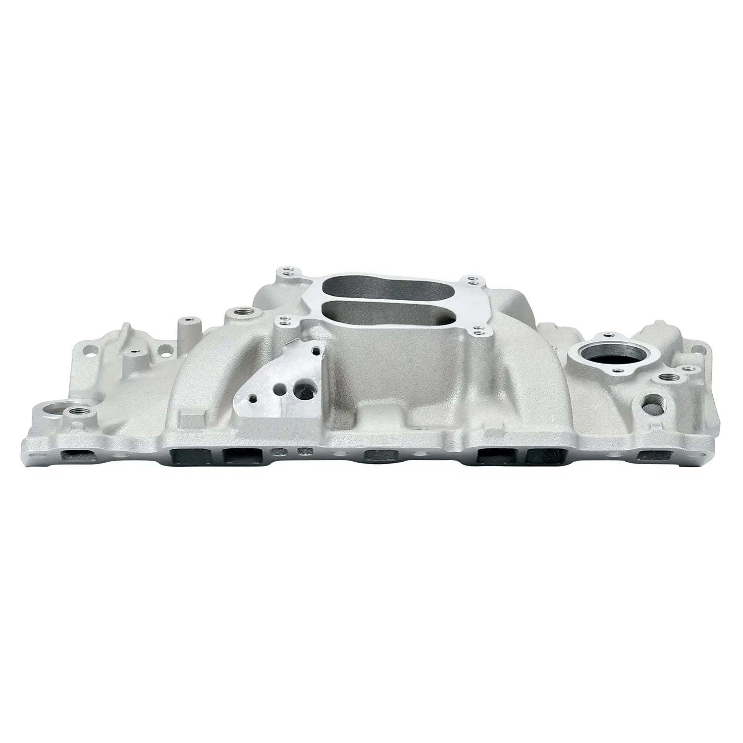 Natural finish Edelbrock Performer intake manifold for Small Block Chevy engines.