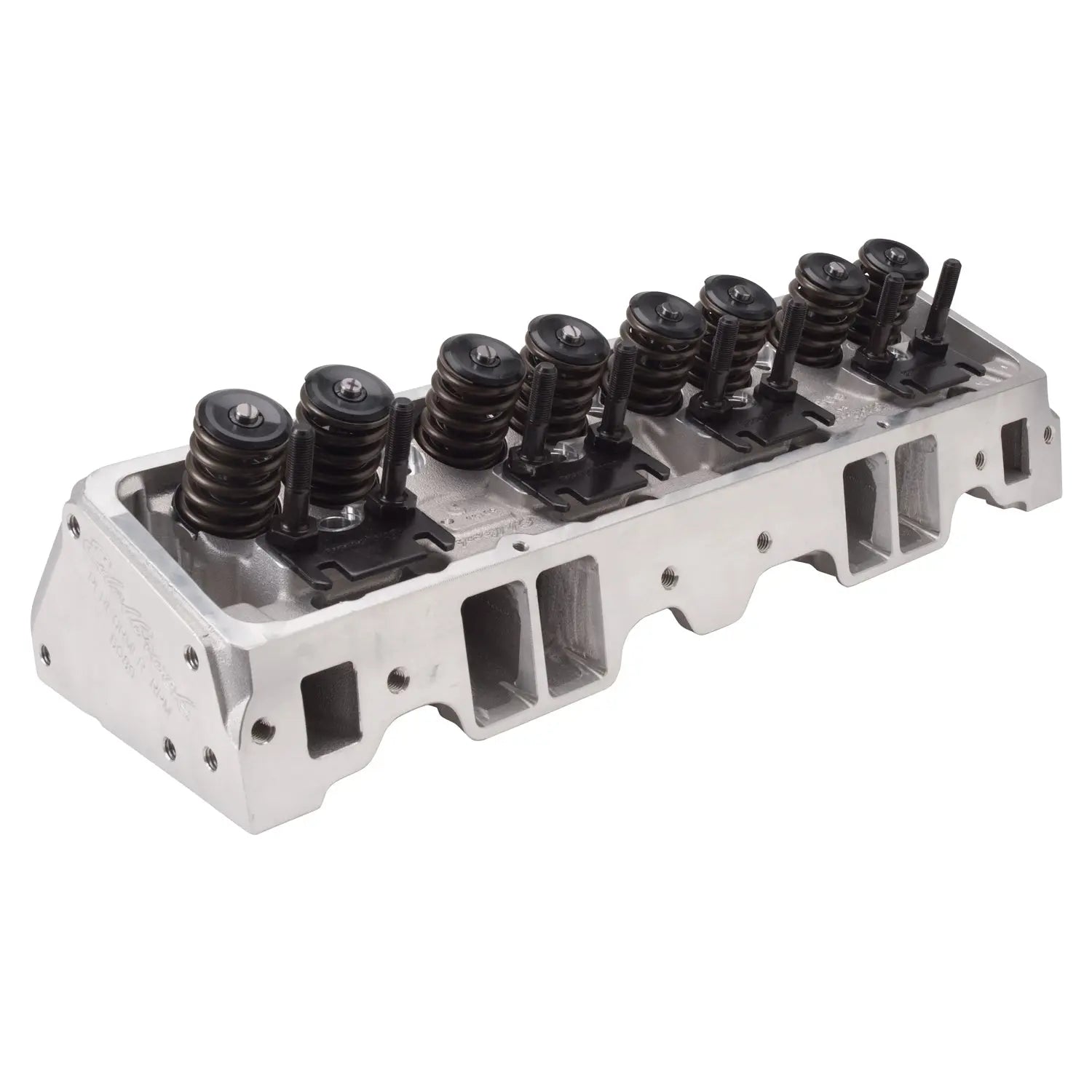 Fully assembled Edelbrock Performer RPM aluminum cylinder heads with high-performance valve springs.