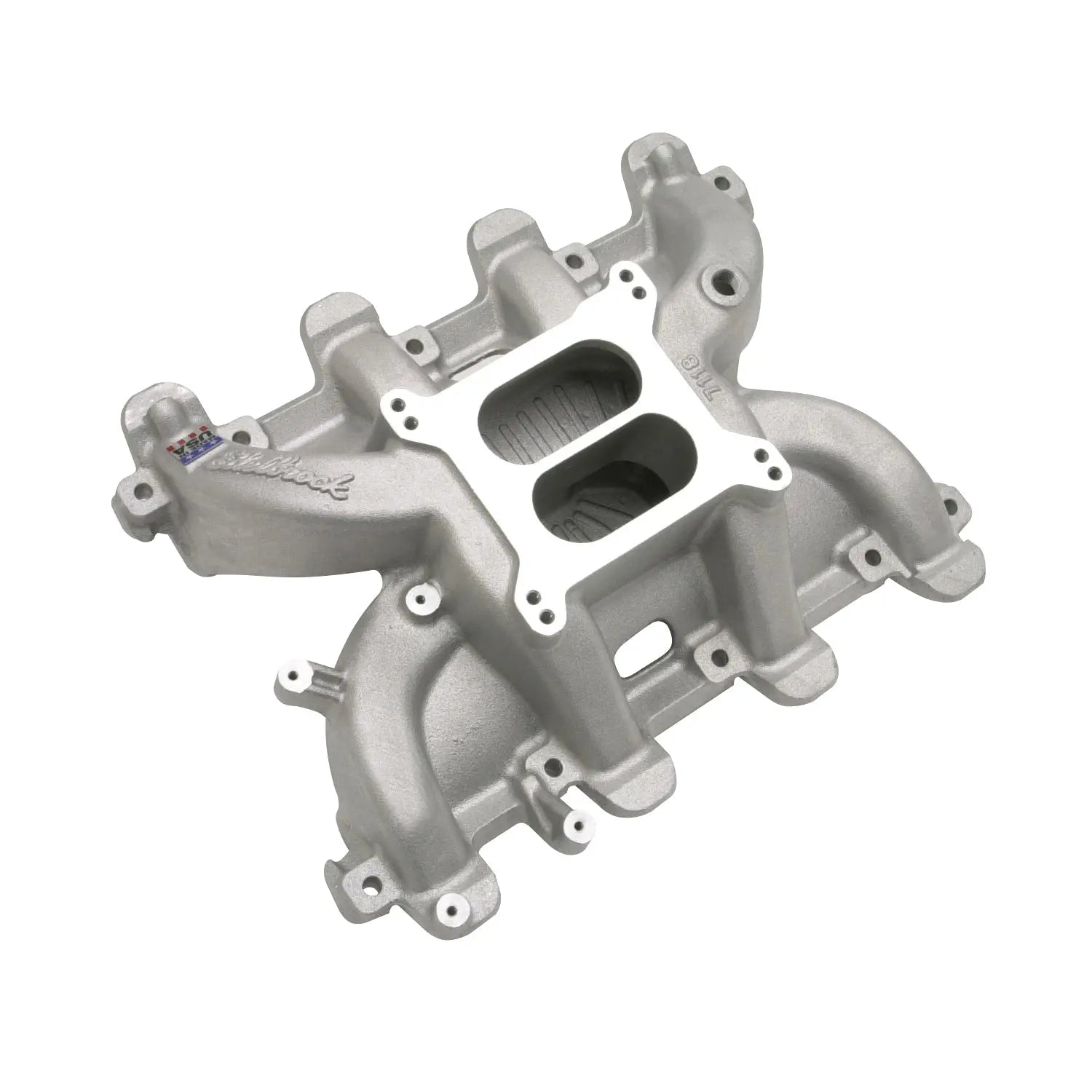 Satin finish Edelbrock Performer RPM 7101 Intake Manifold for high-performance engines.