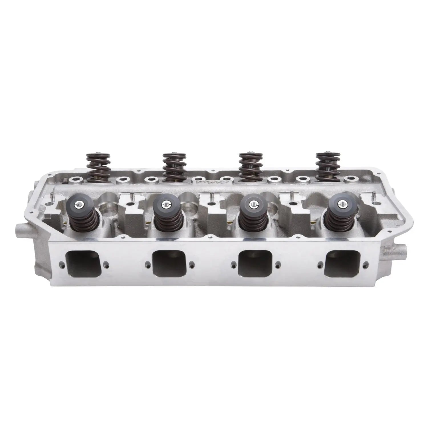 Assembled Edelbrock Victor Jr. aluminum cylinder heads with large 2.08" intake valves for racing.