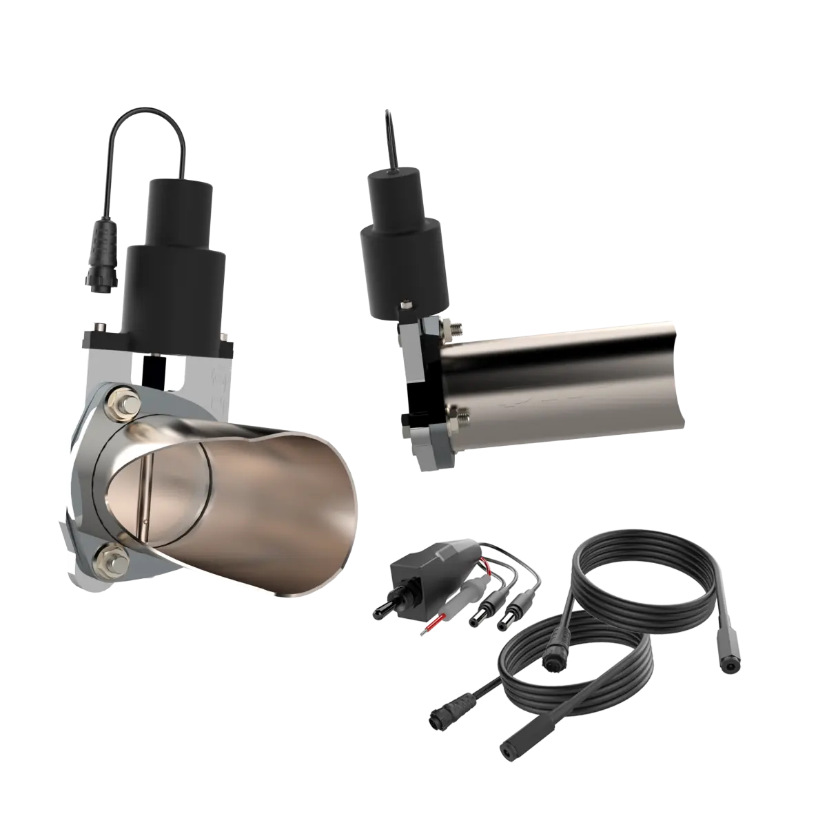 Electric exhaust cutout kit with stainless steel Y-pipe, motor actuator, and wireless remote controller at Elite Race Fab