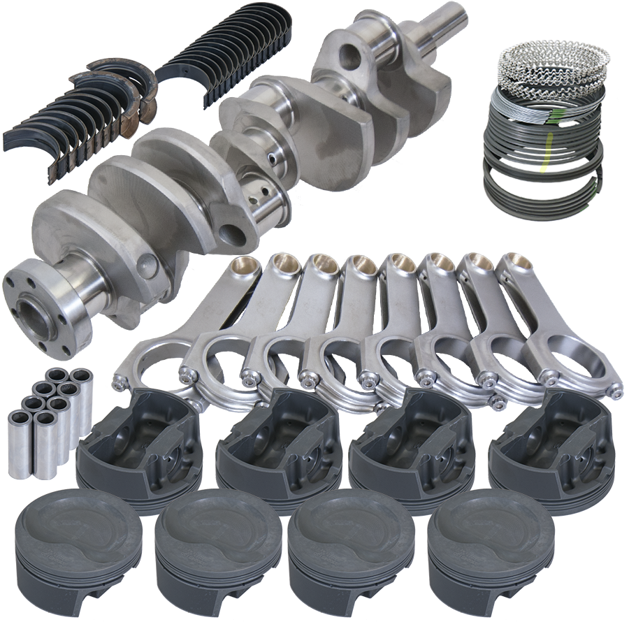 Complete balanced engine rotating assembly with forged crankshaft, connecting rods, and pistons at Elite Race Fab
