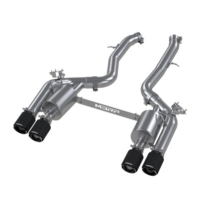 MBRP Axle-Back Exhaust System with polished stainless steel finish, showcasing aggressive sound and performance upgrade for vehicles.
