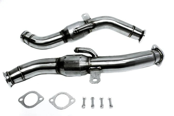 High performance T304 stainless steel catted downpipe with cast bellmouth and flex section at Elite Race Fab