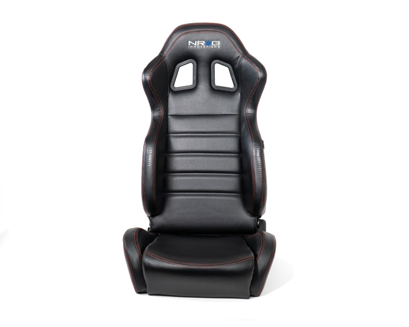 NRG Reclinable Racing Seats (Pair) Black Leather w/NRG Logo Red Stitch - RSC-208-1L/R