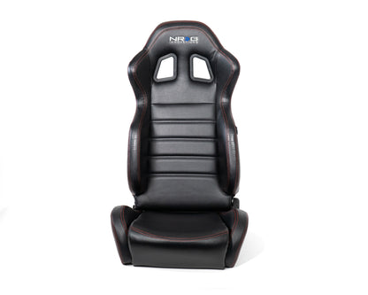 NRG Reclinable Racing Seats (Pair) Black Leather w/NRG Logo Red Stitch - RSC-208-1L/R