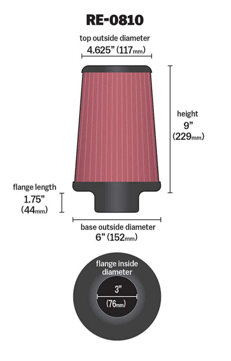 K&N Universal Rubber Filter 3inch FLG / 6inch OD-B / 4-5/8inch OD-T / 9inch L K&N Engineering