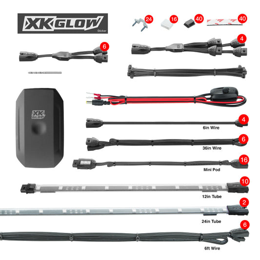 XKGlow 2x24" Tube + 10x12" Tube + 16xPods Million Color XKchrome Smartphone App Controlled Offroad UTV Kit - 28 Piece - Part XK-UTV-STA