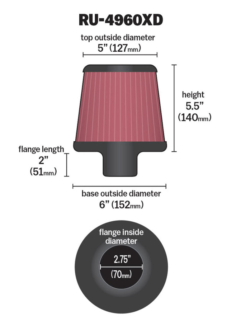K&N Filter Universal Clamp-On Filter-Round Tapered 2.75in Flange ID x 6in Base OD x 5in Top OD K&N Engineering