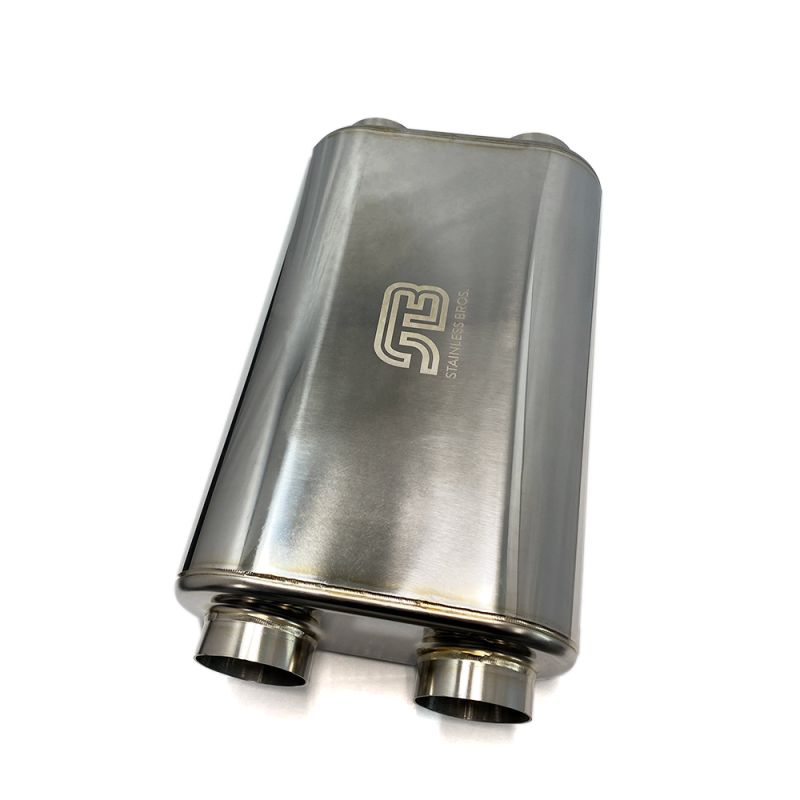 Stainless Bros 17in OAL 2.5in Oval SS304 Polished Finish Muffler - 2.5in Center In/Dual Out Stainless Bros