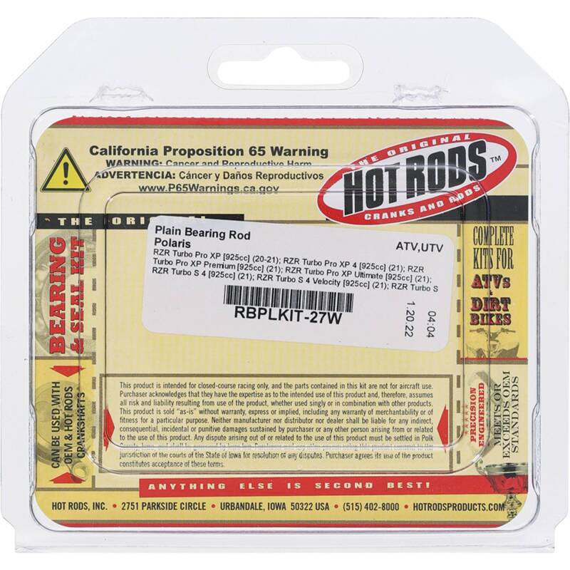 Hot Rods 2009 Polaris Sportsman 850 XP, INTL 850cc Plain Bearing Rod RBPLKIT-27W