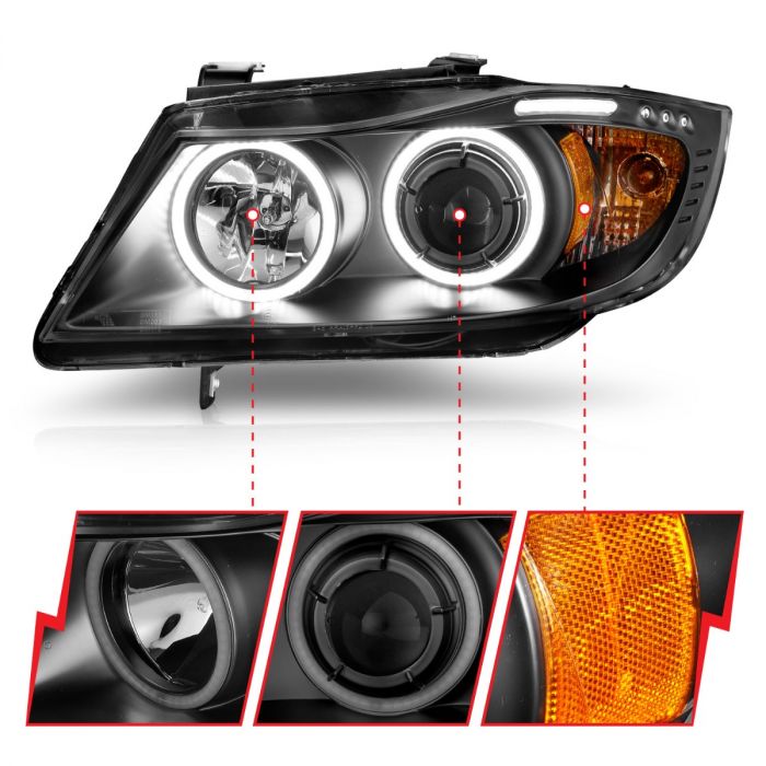 ANZO BMW 3 SERIES E90/E91 06-08 PROJECTOR HALO HEADLIGHTS BLACK W/ RX HALO AND LED BAR -121335