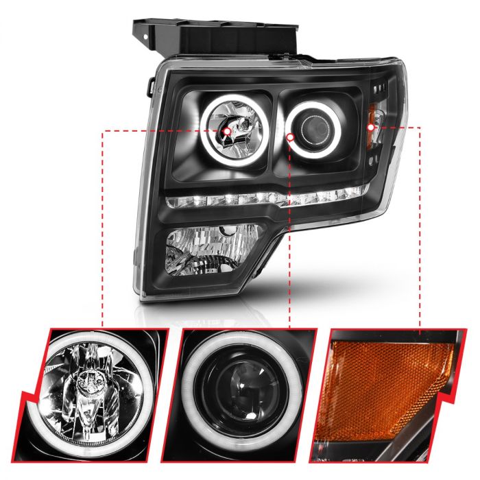 ANZO FORD F-150 09-14 PROJECTOR HEADLIGHTS G2 BLACK W/ RX HALO (FOR HALOGEN MODELS ONLY) - 111298