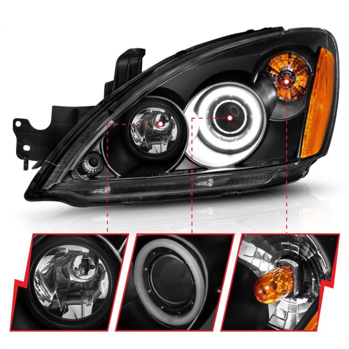 ANZO MITSUBISHI LANCER 04-07 PROJECTOR HEADLIGHTS BLACK W/ RX HALO - 121102