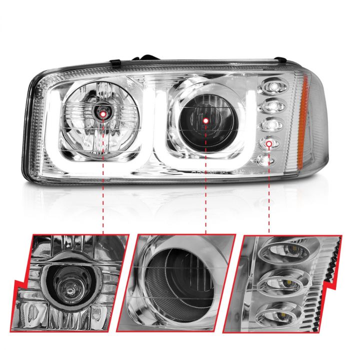 ANZO GMC SIERRA 99-06 / YUKON/XL 00-06 / DENALI MODELS 01-06 PROJECTOR U-BAR STYLE HEADLIGHTS CHROME - 111304