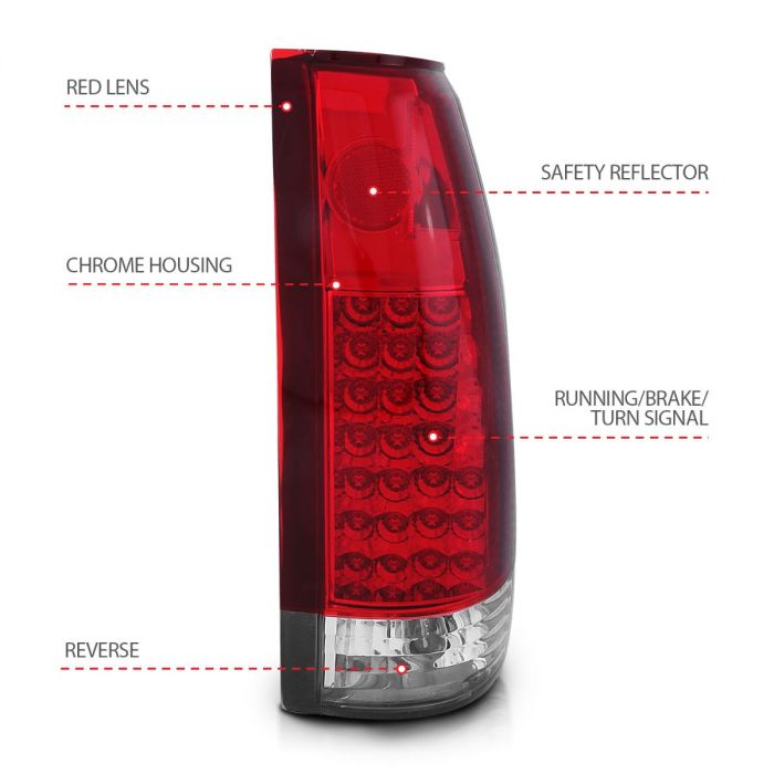 ANZO CHEVY/GMC C/K1500/2500 88-98 / C/K3500 88-00 / SUBURBAN 92-99 / BLAZER (FULL-SIZE) 92-94 / TAHOE 95-99 / YUKON 92-99 LED TAIL LIGHTS CHROME RED/CLEAR LENS G2 - 311004