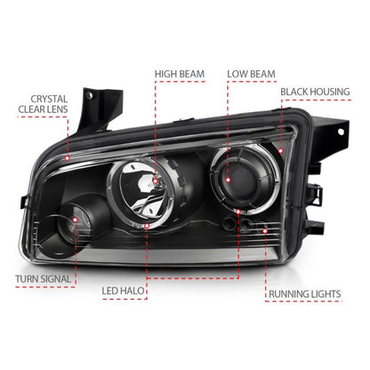 ANZO DODGE CHARGER 06-10 PROJECTOR HALO HEADLIGHTS BLACK (FOR HALOGEN MODELS ONLY) - 121381