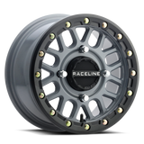 Raceline A93SG Podium 14x7in/4x137 BP/10mm Offset/110.18mm Bore - Grey & Black Ring Beadlock Wheel