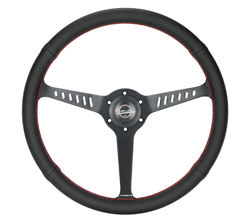 NRG Reinforced Stealth Wheel (380mm) 3 Spoke Center - 1in Deep Dish - Perforated Leather Red Stitch - RST-380-STL-R