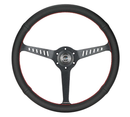 NRG Reinforced Stealth Wheel (380mm) 3 Spoke Center - 1in Deep Dish - Perforated Leather Red Stitch - RST-380-STL-R