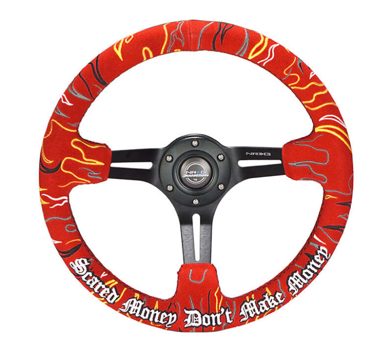 NRG Reinforced Steering Wheel (3in. Deep) Ryan Litteral Sig Blk Alcan, Red Stich, Flame Embroidery - RST-018MB-RLR