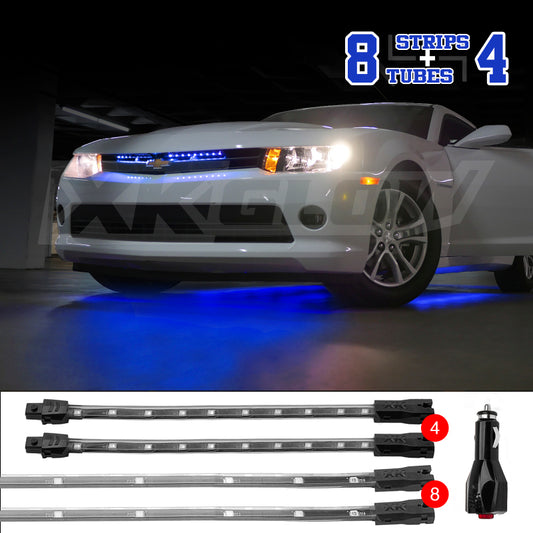 XKGlow Blue - 8x24" Tube + 4x8" Strip Single Color XKGlow UnderglowLED Accent Light Car/Truck Kit - 12 Piece - Part XK041005-B