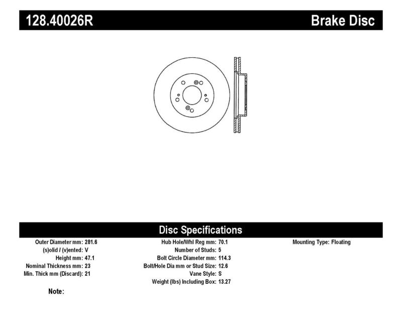 StopTech 97-01 Acura Integra Type R / 97-01 Honda CR-V Drilled Right Front Rotor Stoptech