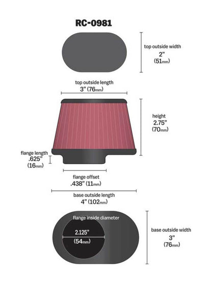 K&N Uni Chrome Oval Tapered Filter 2.125in FlgID x 4inB OL x 3inB OW x 3inT OL x 2inT OW x 2.75in H K&N Engineering