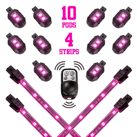 XKGlow Pink - 10xPod + 4x8"Strips Single Color XKGlow LED Accent Light Motorcycle Kit - 14 Piece - Part XK034002-P