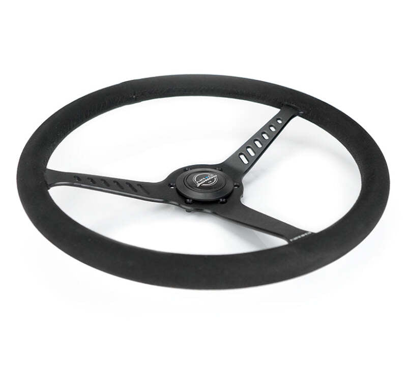 NRG Reinforced Stealth Wheel (380mm) 3 Spoke Center - 1in Deep Dish - Vegan Suede Red Stitch - RST-380-STL-SA